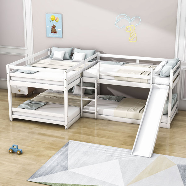 Harriet Bee Faso LShaped Quad Wood Bunk Bed, Full over Full and Twin over Twin Bunk Beds with